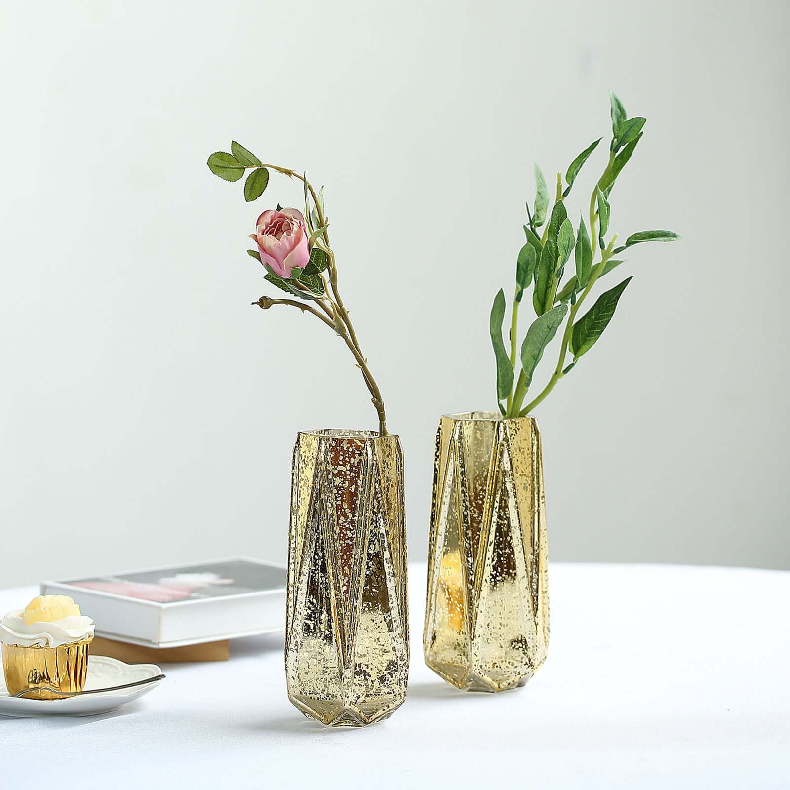 2 - Pack Mercury Glass Vases Geometric Design Gold - Stylish Wedding Floral Centerpieces 8" - Linen Luxes
