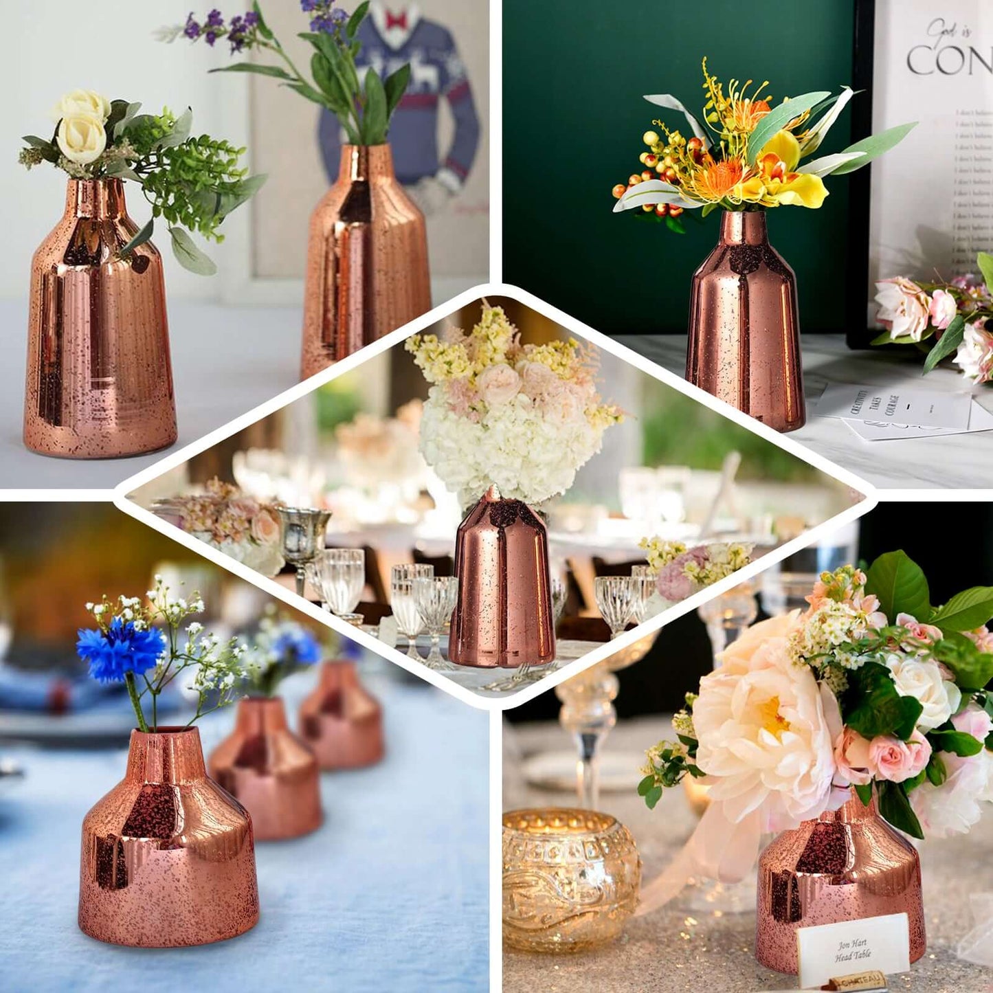 2 - Pack Mercury Glass Vases Vessel Design Rose Gold - Stylish Flower Centerpieces for Events 8" - Linen Luxes