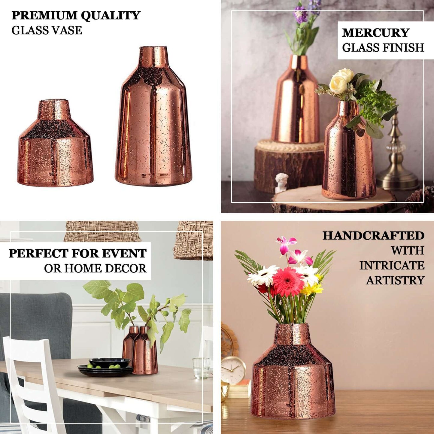 2 - Pack Mercury Glass Vases Vessel Design Rose Gold - Stylish Flower Centerpieces for Events 8" - Linen Luxes