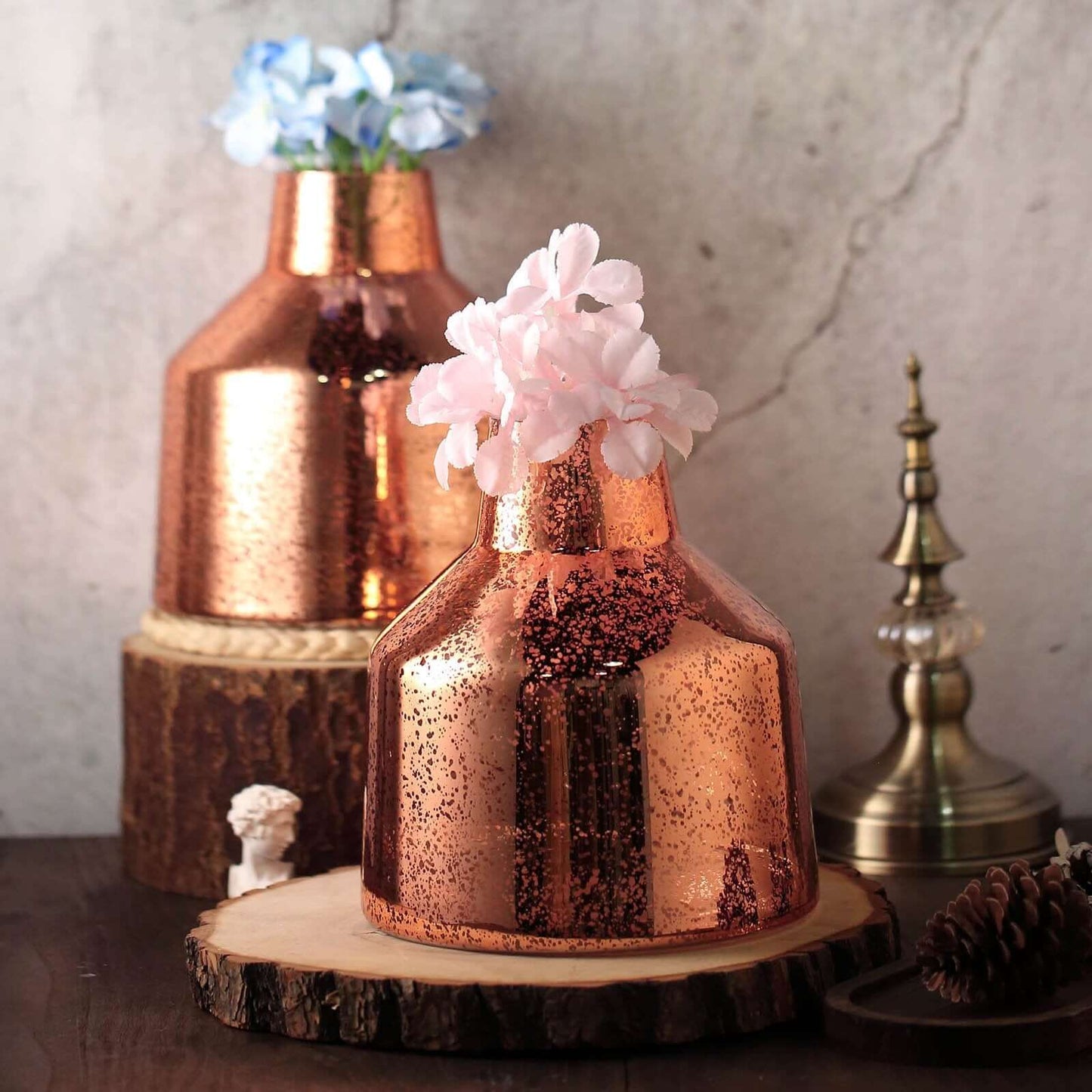 2 - Pack Mercury Glass Vases Vessel Design Rose Gold - Stylish Flower Centerpieces for Events 8" - Linen Luxes