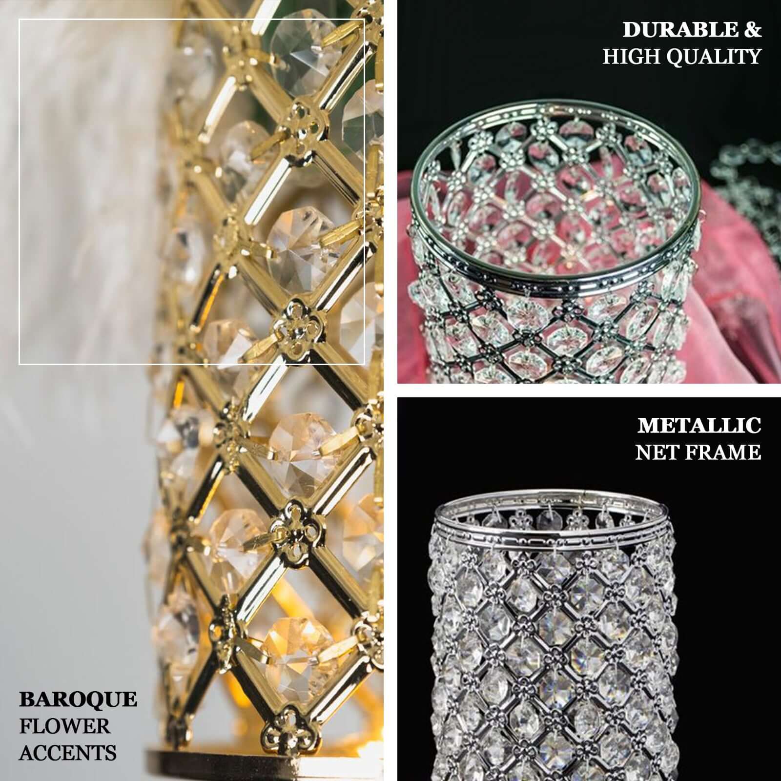 2 - Pack Metal Crystal Beaded Pillar Holders Gold - Versatile Stem Vase Set for Decor 9" - Linen Luxes