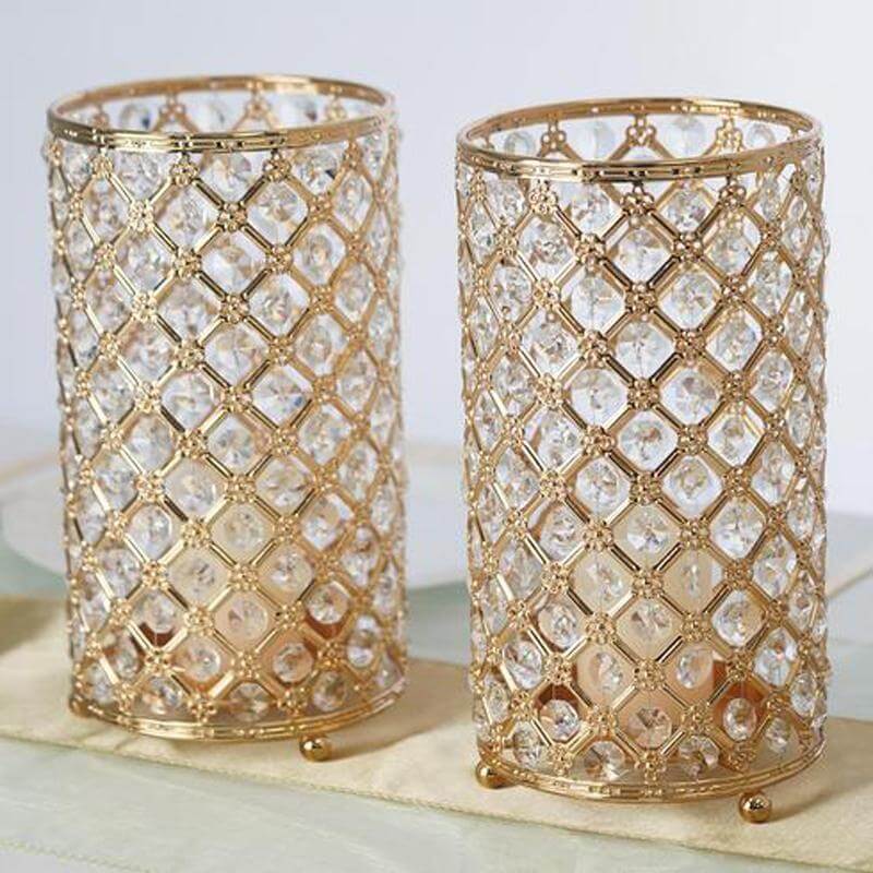 2 - Pack Metal Crystal Beaded Pillar Holders Gold - Versatile Stem Vase Set for Decor 9" - Linen Luxes