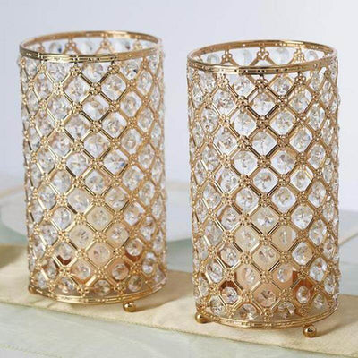 2 - Pack Metal Crystal Beaded Pillar Holders Gold - Versatile Stem Vase Set for Decor 9" - Linen Luxes