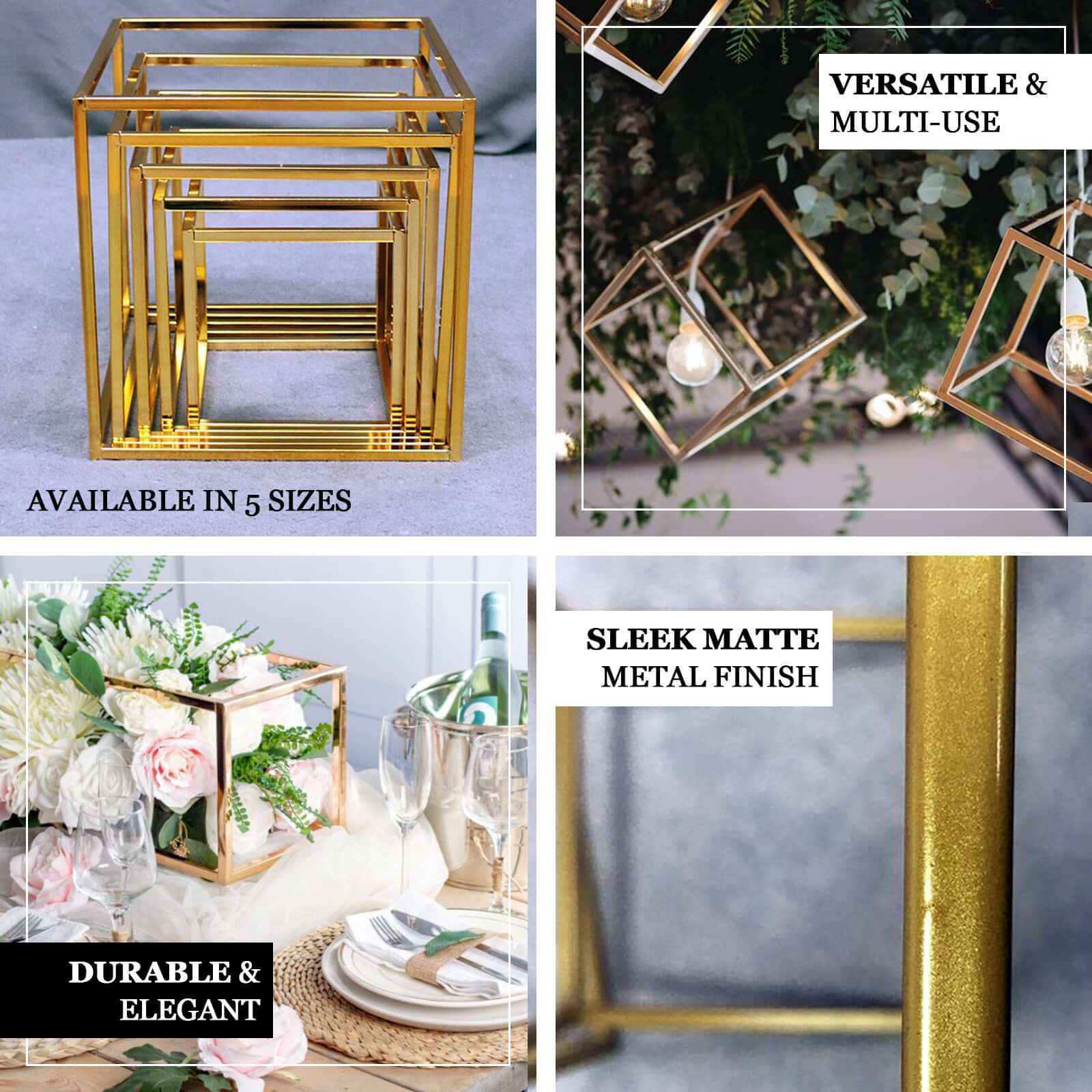 2 - Pack Metal Flower Stands Gold Geometric Wedding Centerpieces Square Frame - Compact Design 8" - Linen Luxes