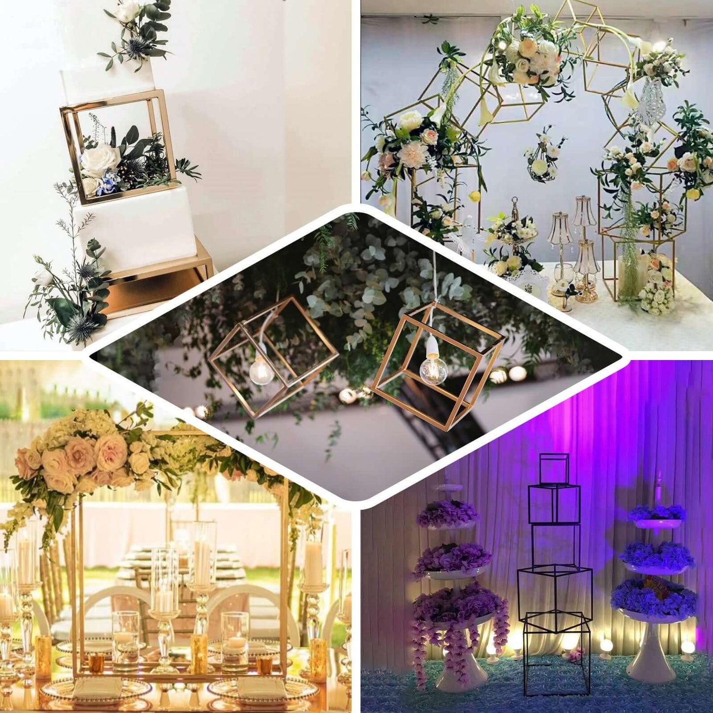 2 - Pack Metal Flower Stands Gold Geometric Wedding Centerpieces Square Frame - Compact Design 8" - Linen Luxes