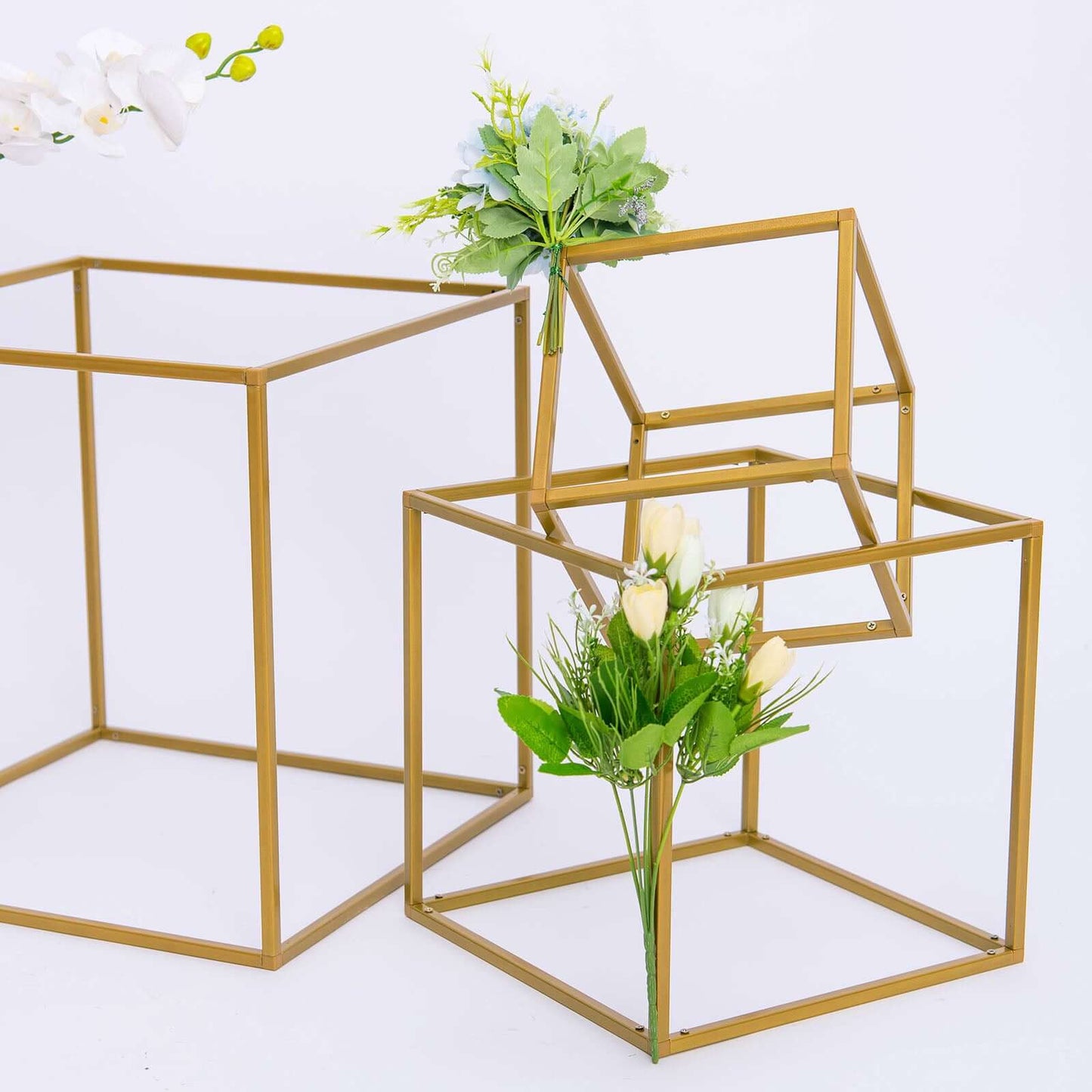 2 - Pack Metal Flower Stands Gold Geometric Wedding Centerpieces Square Frame - Compact Design 8" - Linen Luxes