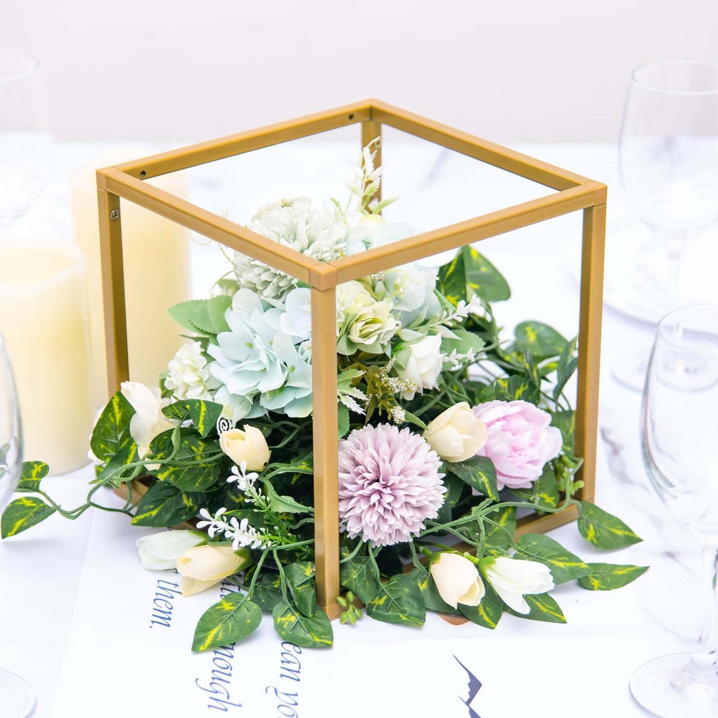 2 - Pack Metal Flower Stands Gold Geometric Wedding Centerpieces Square Frame - Compact Design 8" - Linen Luxes