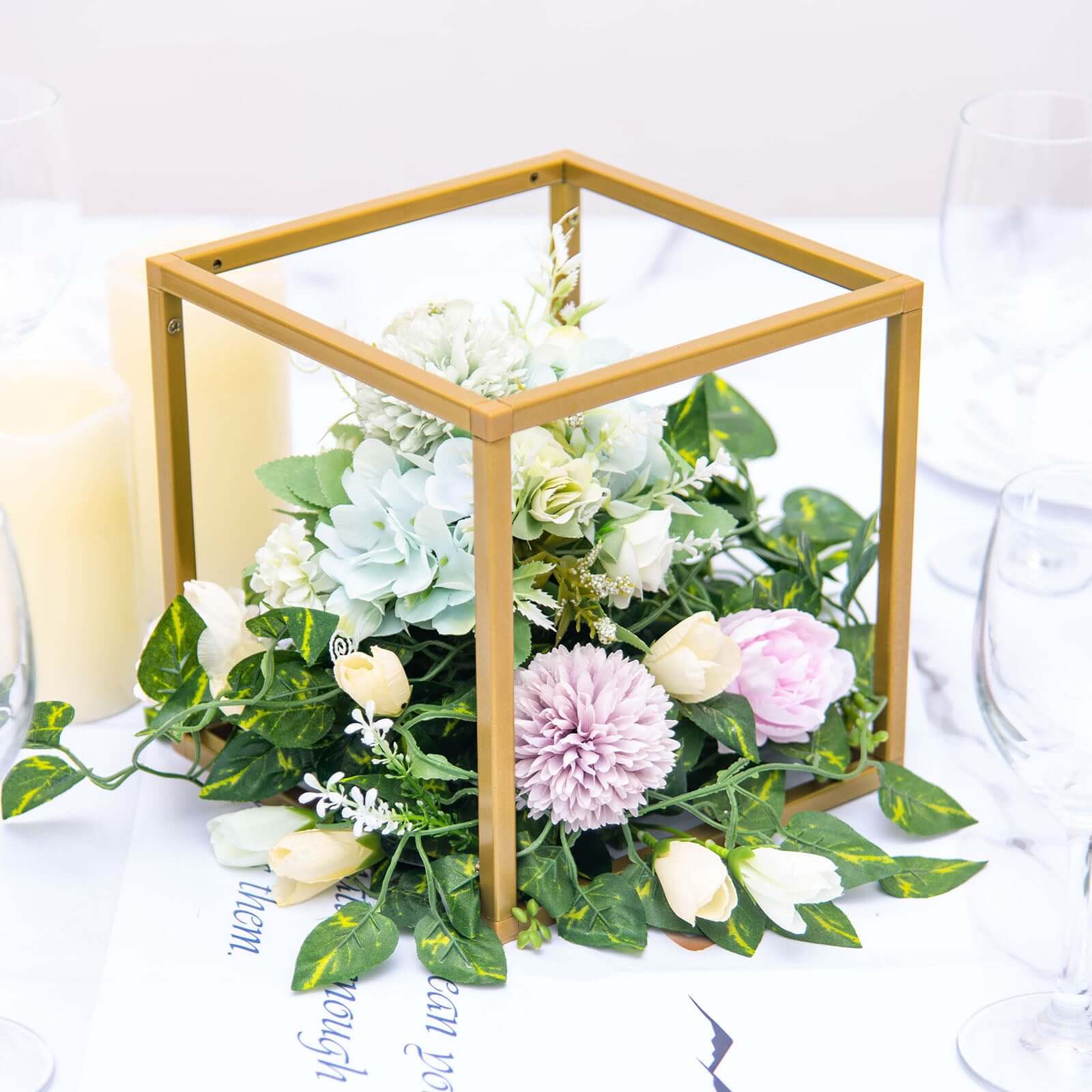 2 - Pack Metal Flower Stands Gold Geometric Wedding Centerpieces Square Frame - Compact Design 8" - Linen Luxes