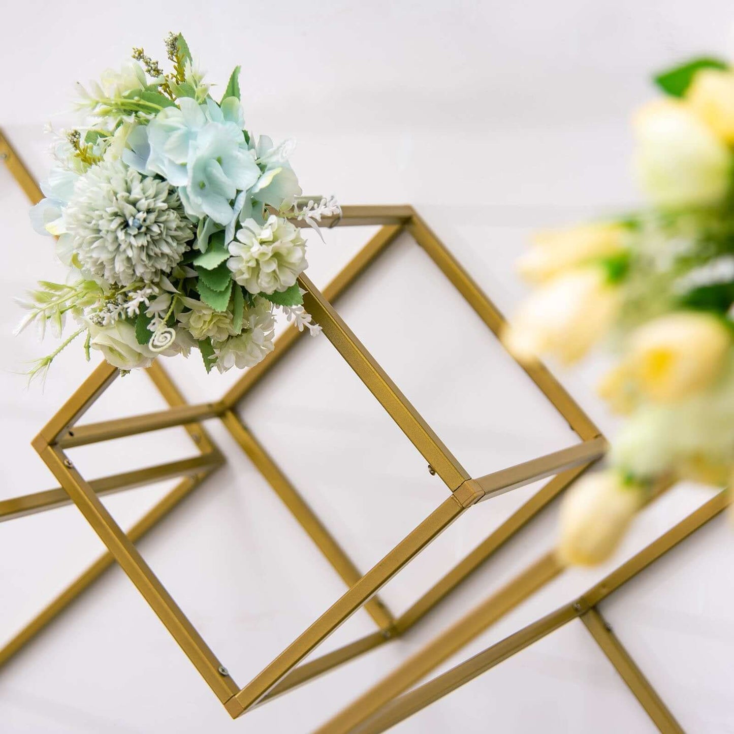 2 - Pack Metal Flower Stands Gold Geometric Wedding Centerpieces Square Frame - Compact Design 8" - Linen Luxes