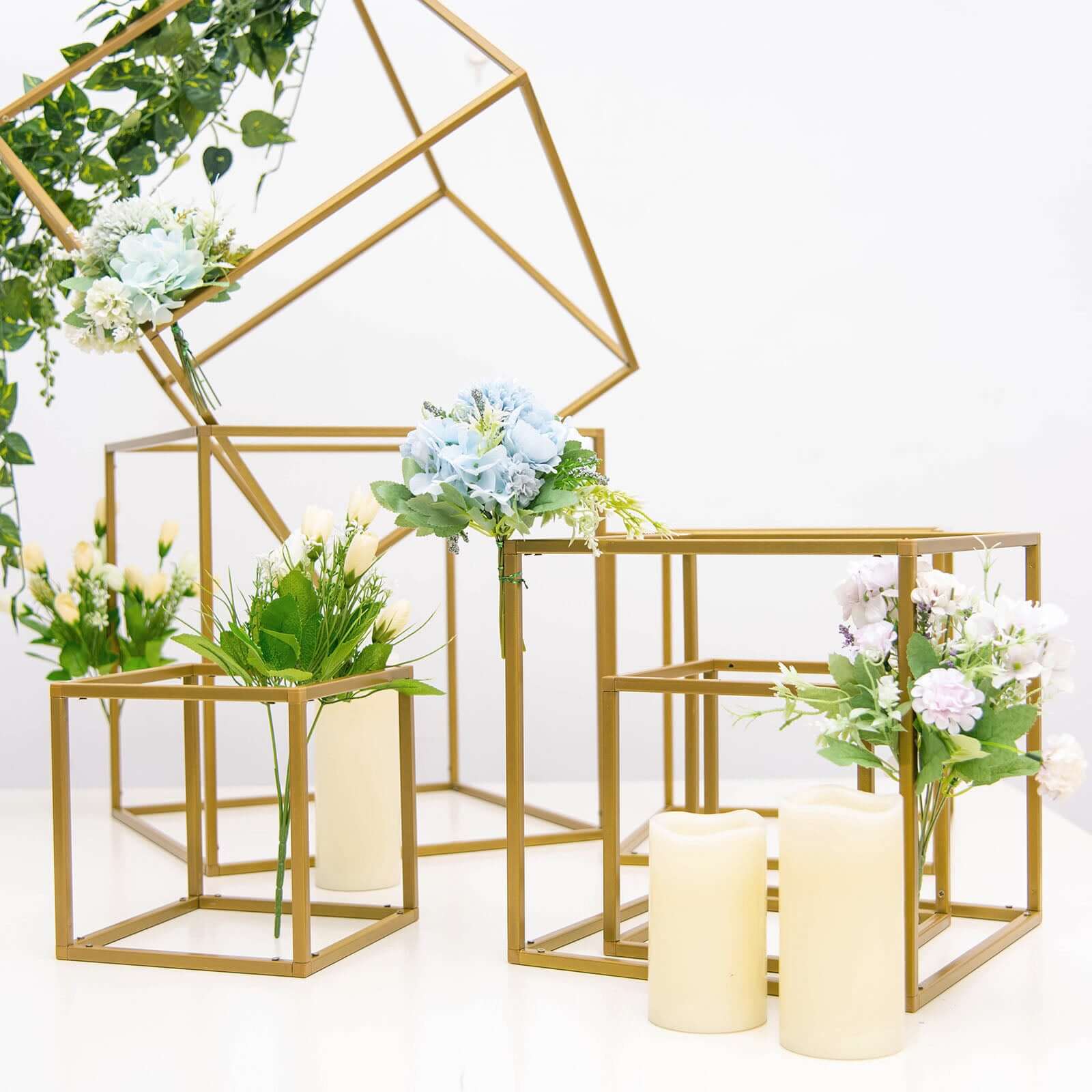 2 - Pack Metal Flower Stands Gold Geometric Wedding Centerpieces Square Frame - Compact Design 8" - Linen Luxes
