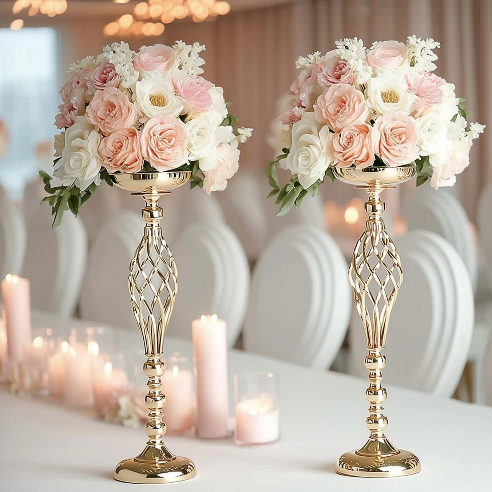 2 - Pack Metal Pillar Candle Holders Reversible Flower Ball Pedestal Design Gold - Decorative Event Centerpieces 26" - Linen Luxes