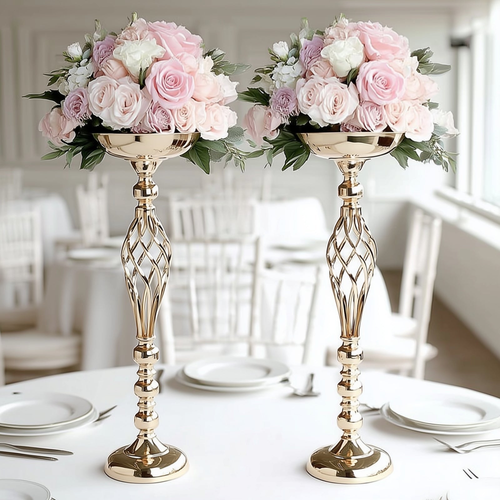 2 - Pack Metal Pillar Candle Holders Reversible Flower Ball Pedestal Design Gold - Decorative Event Centerpieces 26" - Linen Luxes