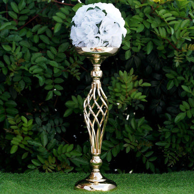 2 - Pack Metal Pillar Candle Holders Reversible Flower Ball Pedestal Design Gold - Decorative Event Centerpieces 26" - Linen Luxes
