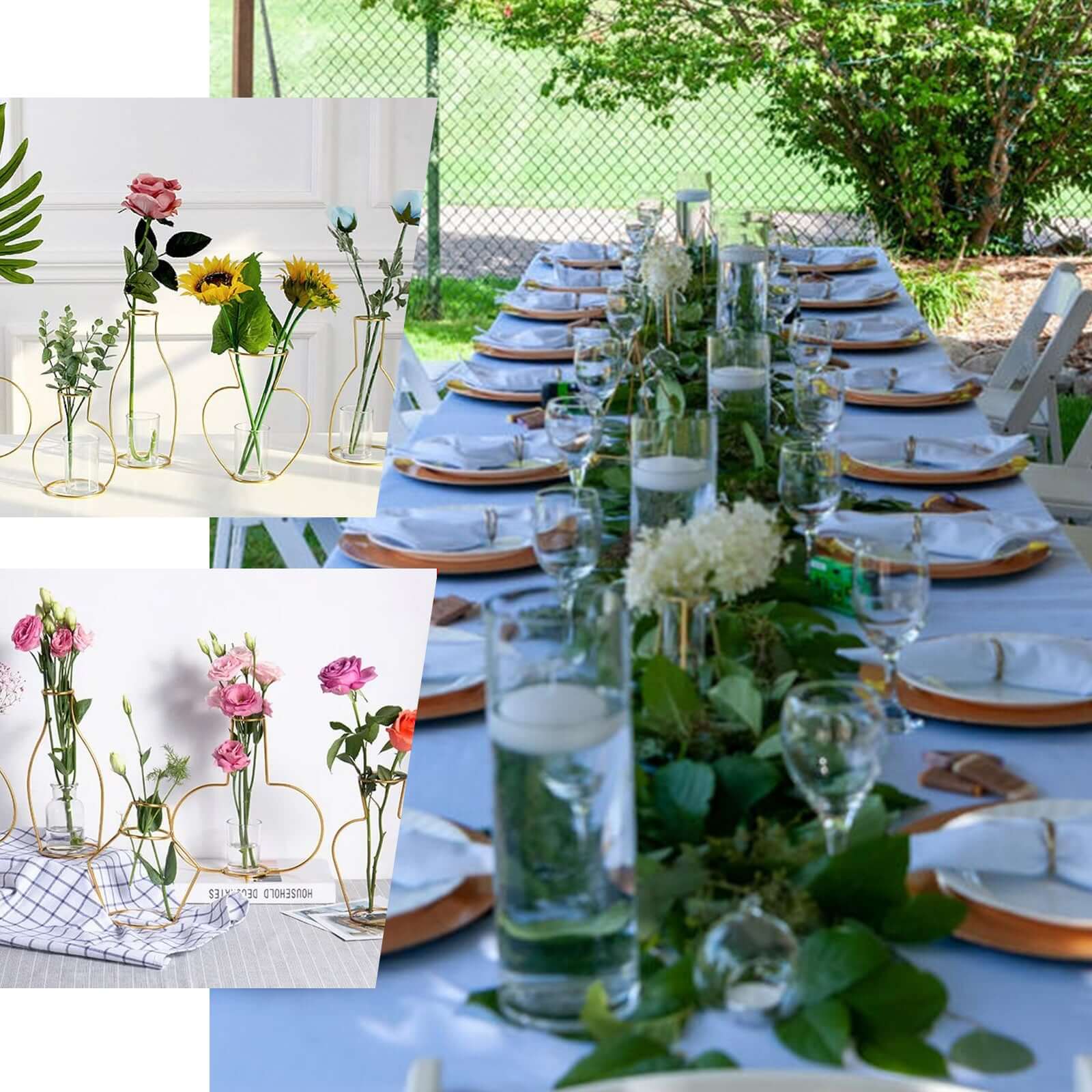 2 - Pack Mini Wedding Centerpieces Gold Metal Frame Triangular Geometric Design - Test Tube Bud Vases 6" - Linen Luxes