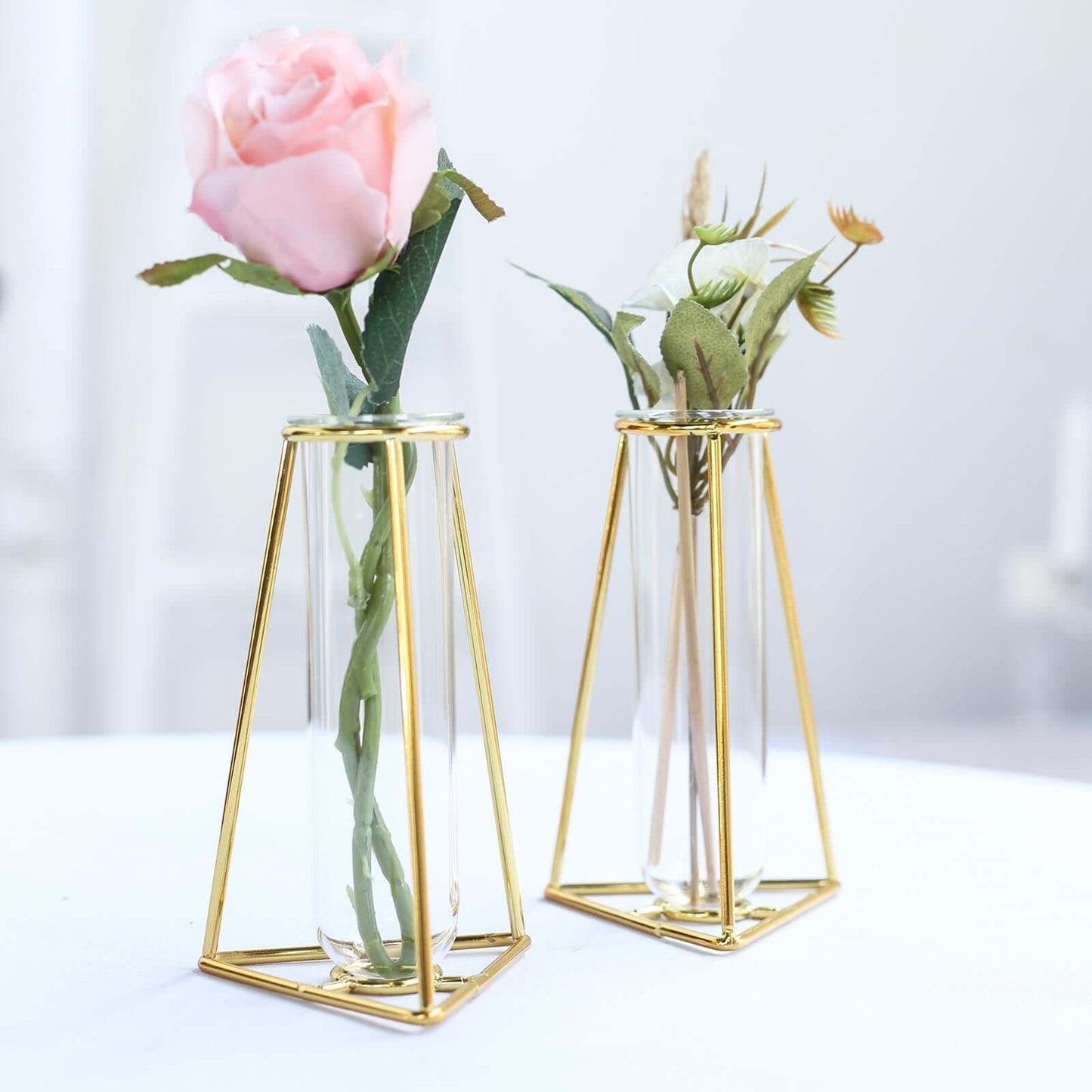2 - Pack Mini Wedding Centerpieces Gold Metal Frame Triangular Geometric Design - Test Tube Bud Vases 6" - Linen Luxes