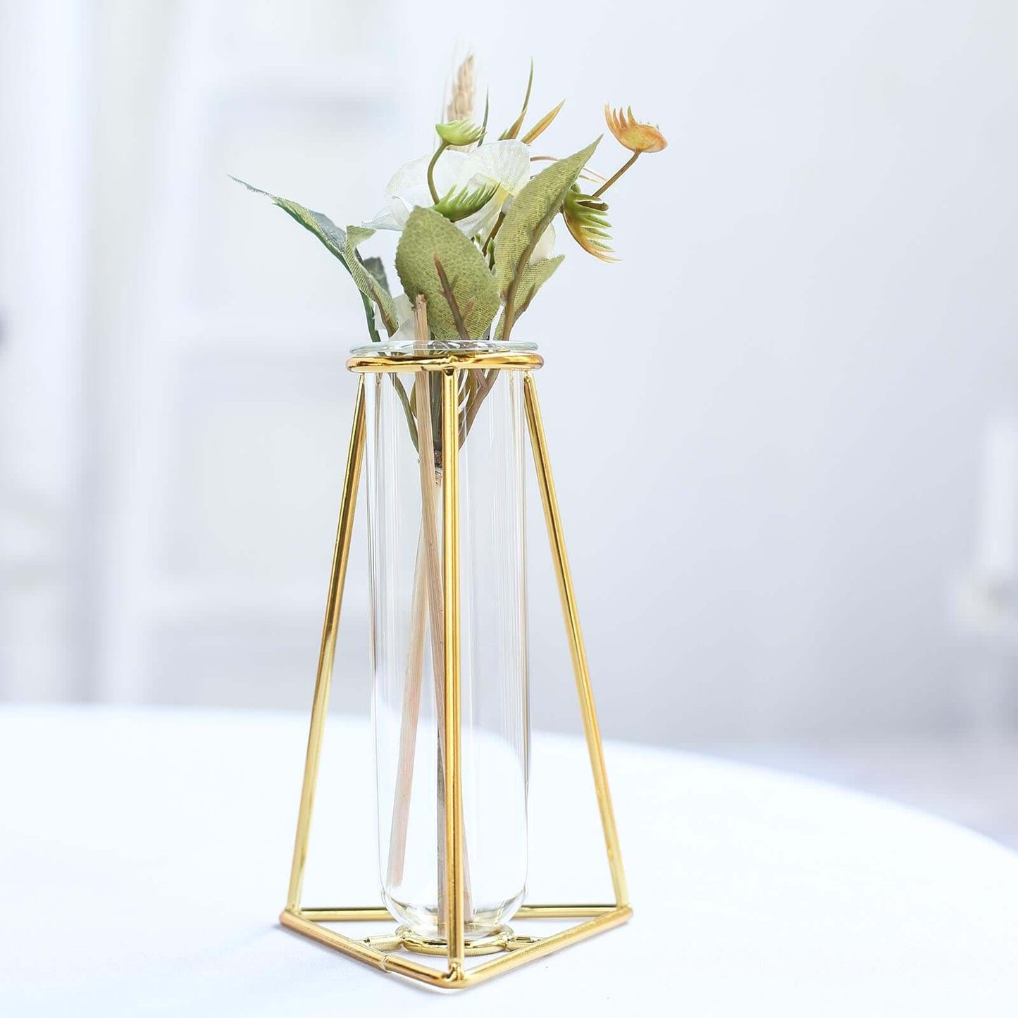 2 - Pack Mini Wedding Centerpieces Gold Metal Frame Triangular Geometric Design - Test Tube Bud Vases 6" - Linen Luxes