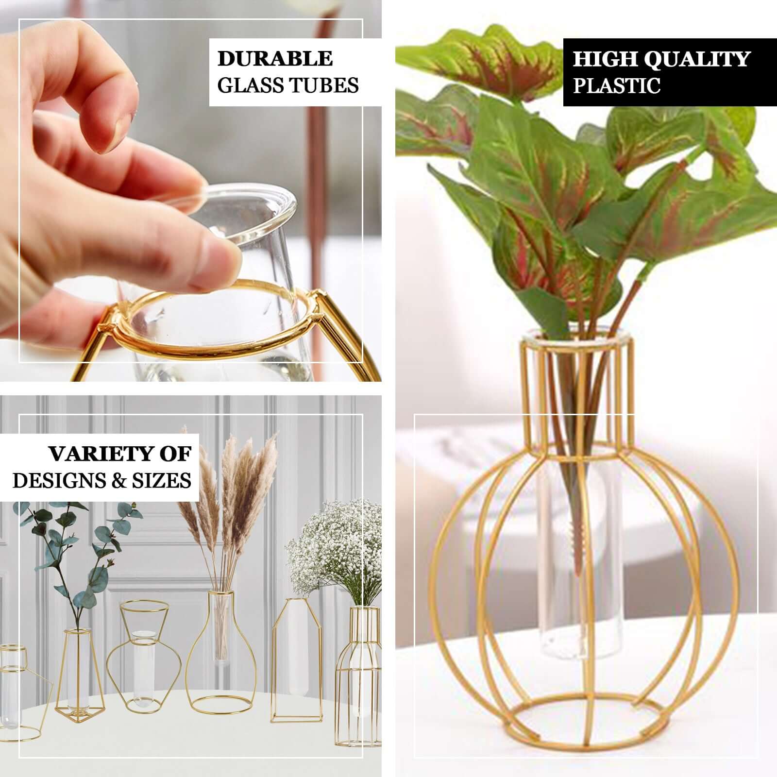 2 - Pack Mini Wedding Centerpieces Gold Metal Frame Triangular Geometric Design - Test Tube Bud Vases 6" - Linen Luxes