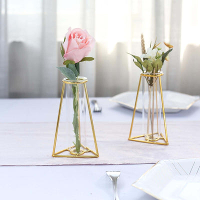 2 - Pack Mini Wedding Centerpieces Gold Metal Frame Triangular Geometric Design - Test Tube Bud Vases 6" - Linen Luxes