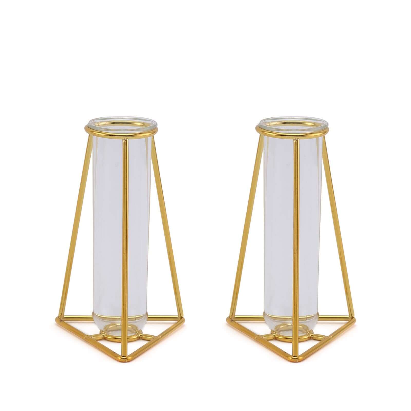 2 - Pack Mini Wedding Centerpieces Gold Metal Frame Triangular Geometric Design - Test Tube Bud Vases 6" - Linen Luxes