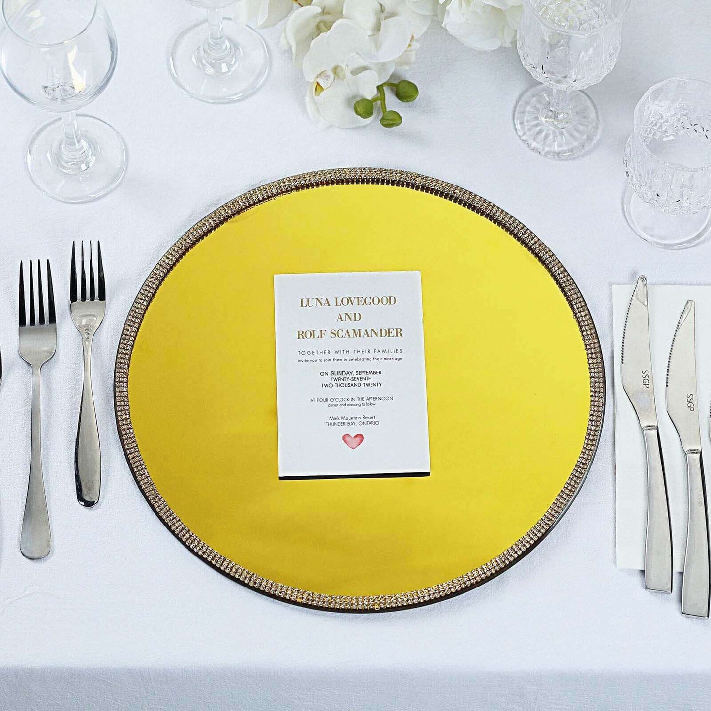 2 - Pack Mirror Glass Round Charger Plates 13" with Metallic Gold Mirror Rhinestone Rim, Dazzling Decorative Chargers - Linen Luxes