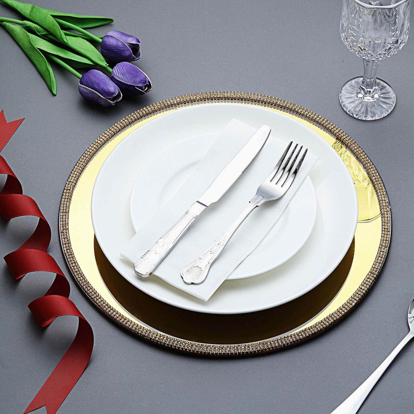 2 - Pack Mirror Glass Round Charger Plates 13" with Metallic Gold Mirror Rhinestone Rim, Dazzling Decorative Chargers - Linen Luxes