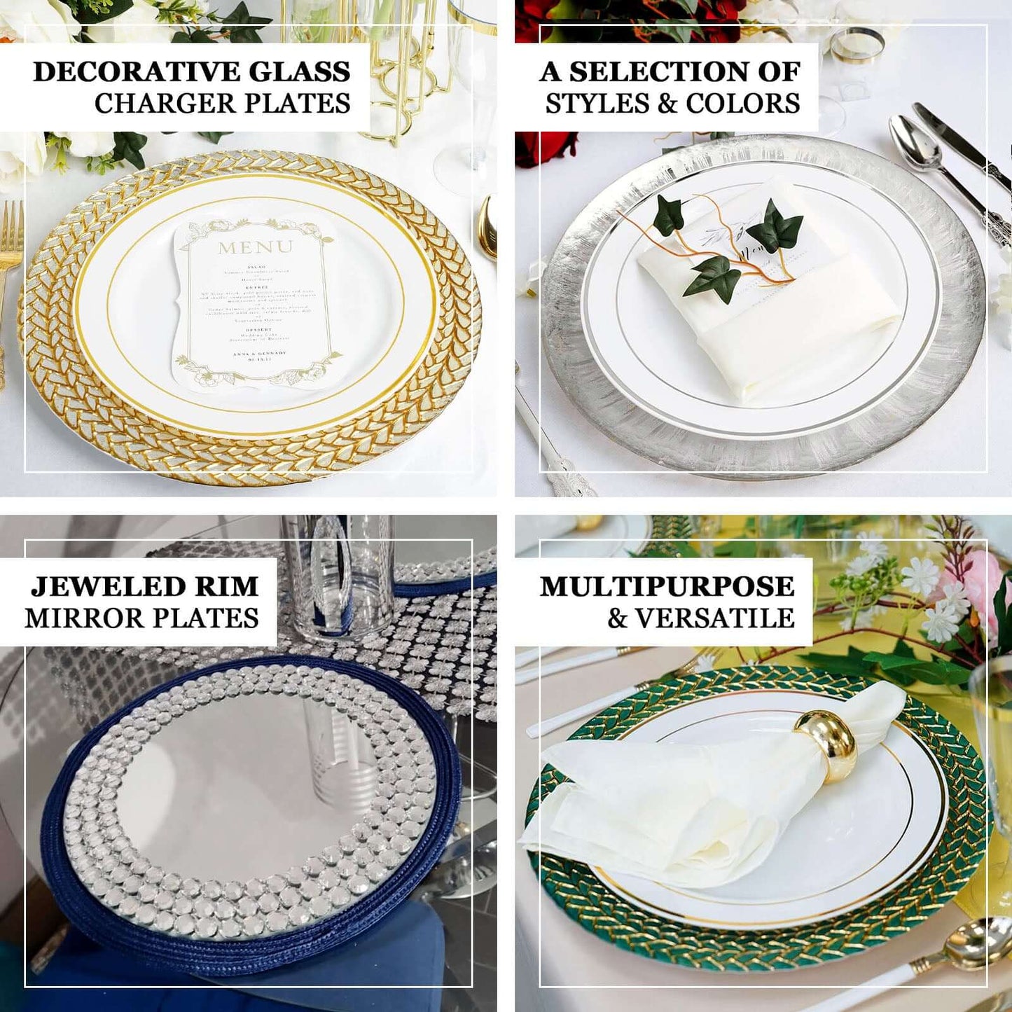 2 - Pack Mirror Glass Round Charger Plates 13" with Metallic Gold Mirror Rhinestone Rim, Dazzling Decorative Chargers - Linen Luxes