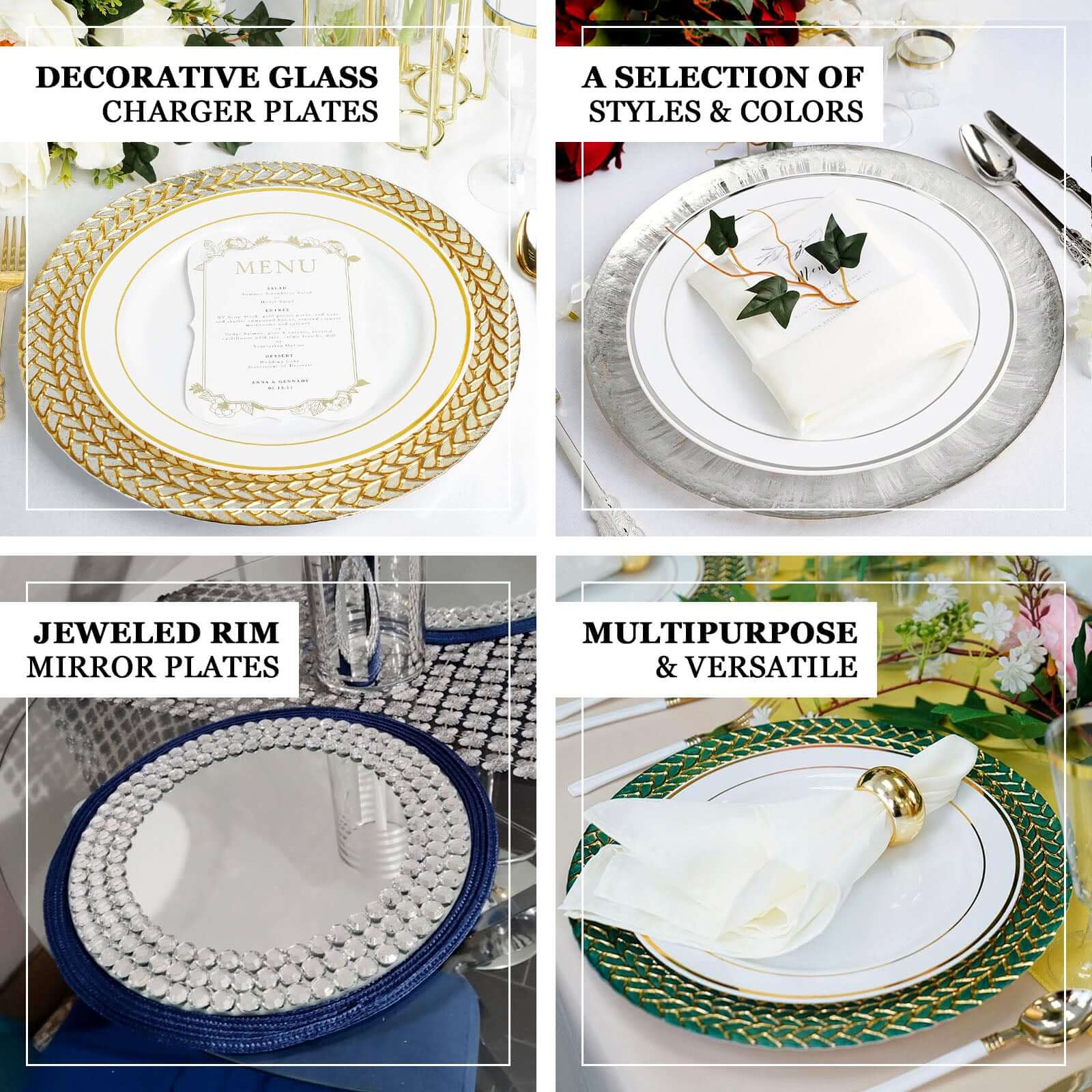 2 - Pack Mirror Glass Round Charger Plates 13" with Metallic Gold Mirror Rhinestone Rim, Dazzling Decorative Chargers - Linen Luxes