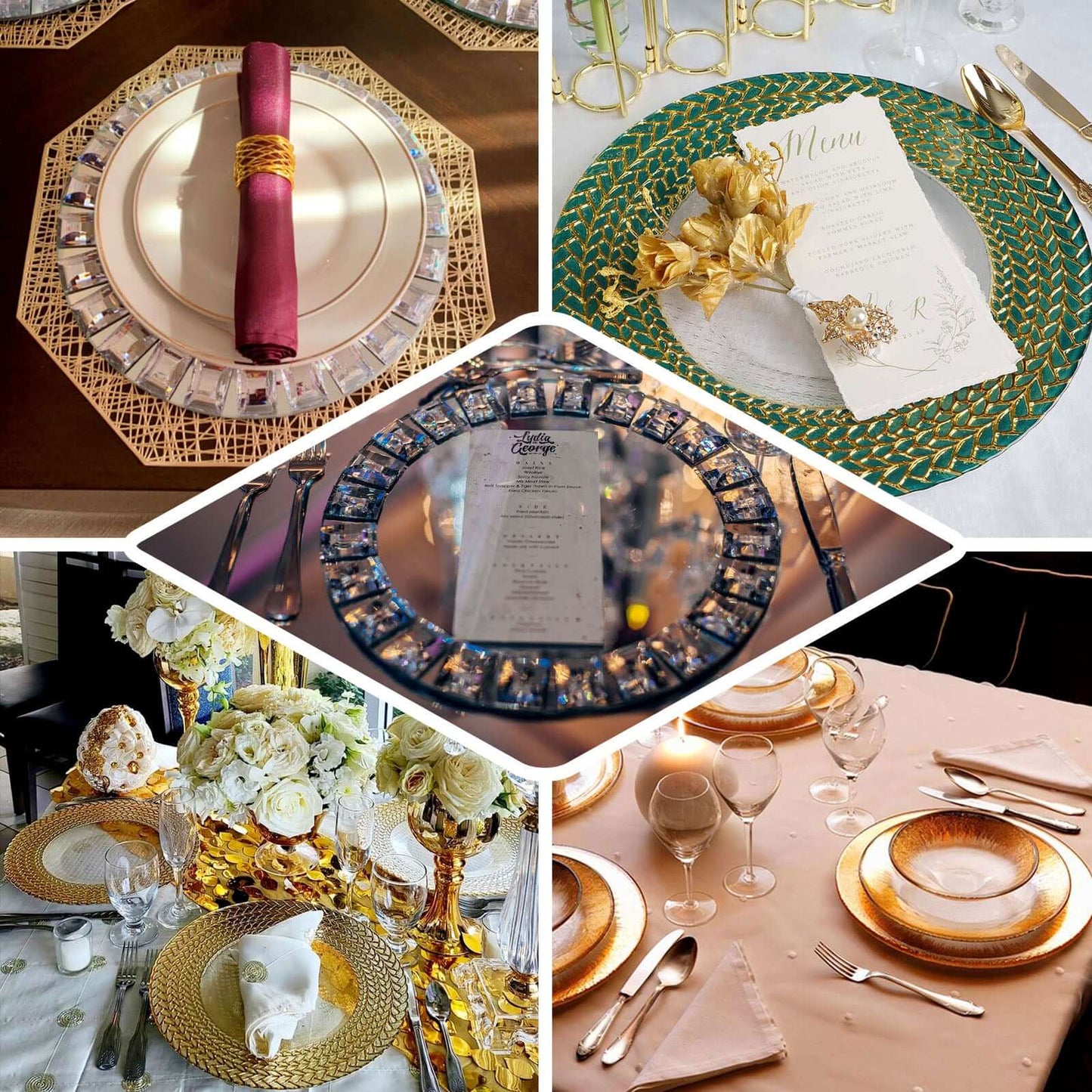 2 - Pack Mirror Glass Round Charger Plates 13" with Metallic Gold Mirror Rhinestone Rim, Dazzling Decorative Chargers - Linen Luxes