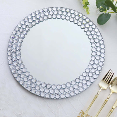 2 - Pack Mirror Glass Round Charger Plates 13" with Silver Mirror Diamond Beaded Rim, Upscale Decorative Chargers - Linen Luxes
