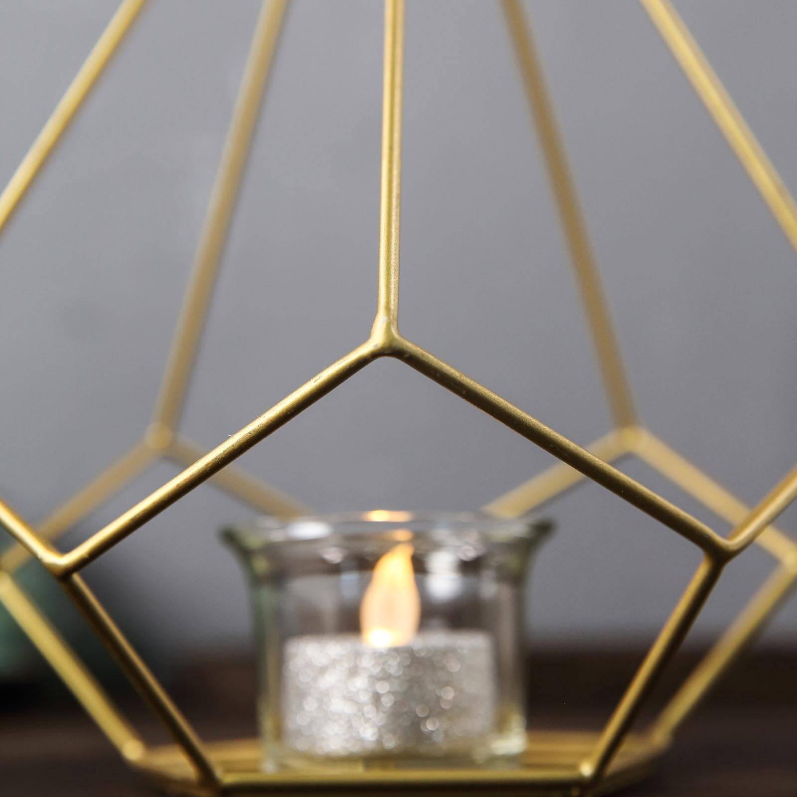 2 - Pack Tealight Candle Holders Gold Metal Pentagon Geometric Open Frame - Flower Stand 9" - Linen Luxes