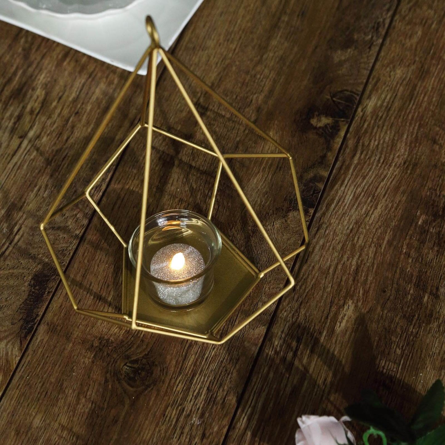 2 - Pack Tealight Candle Holders Gold Metal Pentagon Geometric Open Frame - Flower Stand 9" - Linen Luxes