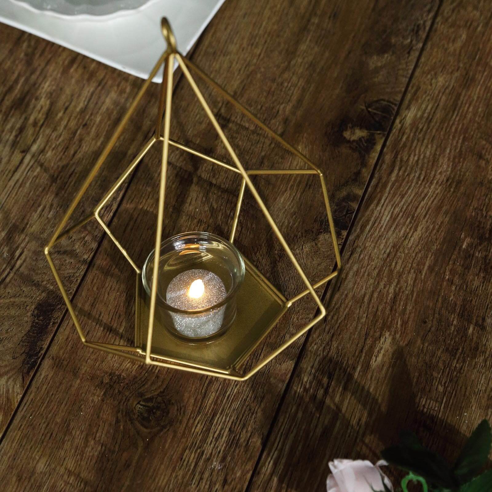 2 - Pack Tealight Candle Holders Gold Metal Pentagon Geometric Open Frame - Flower Stand 9" - Linen Luxes