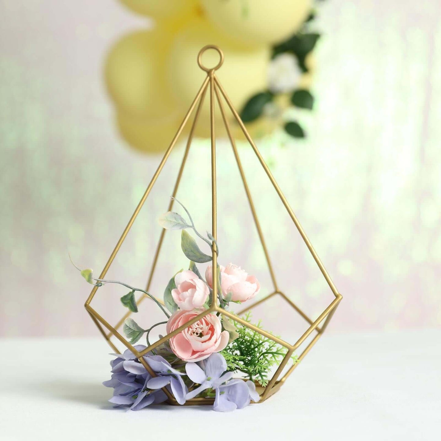 2 - Pack Tealight Candle Holders Gold Metal Pentagon Geometric Open Frame - Flower Stand 9" - Linen Luxes