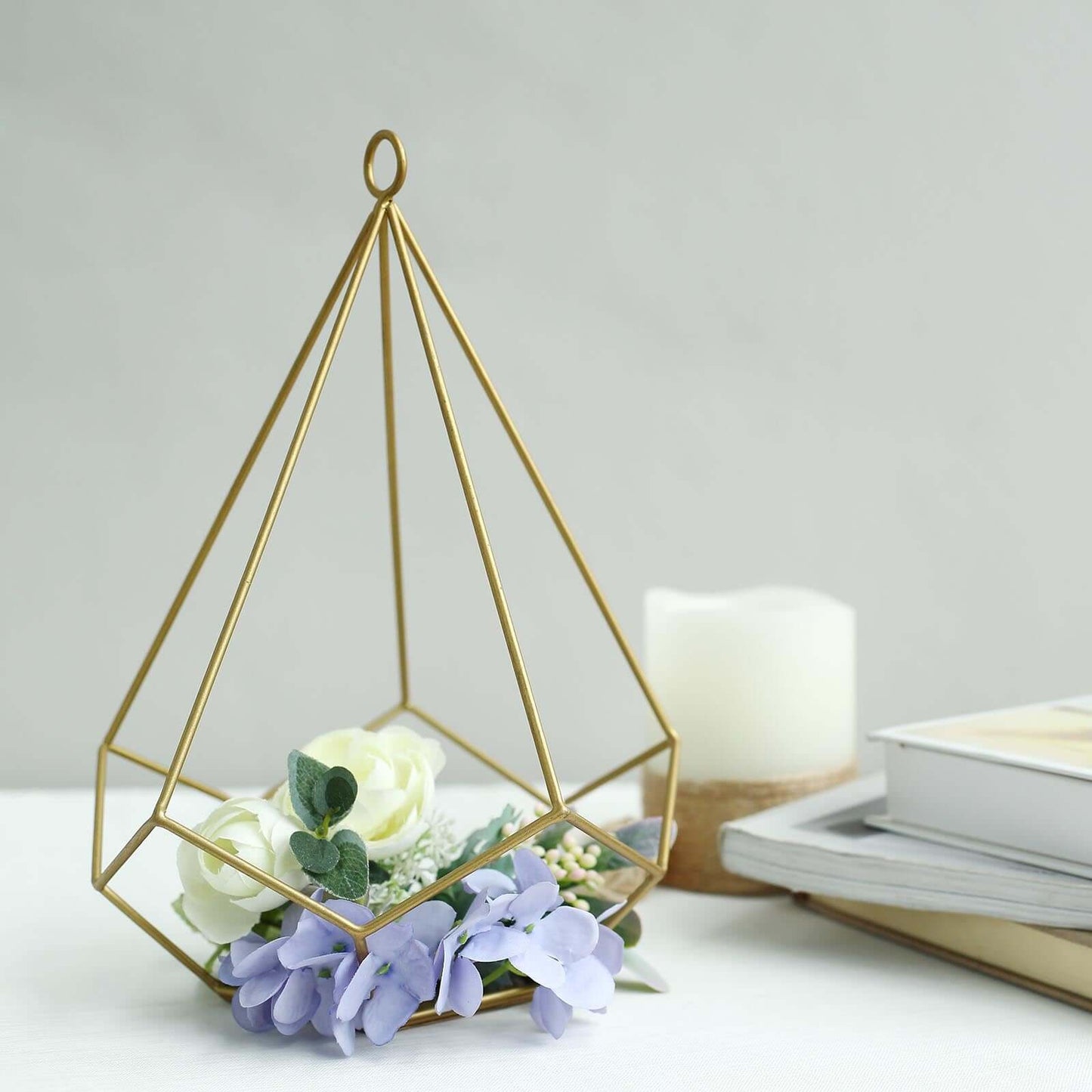 2 - Pack Tealight Candle Holders Gold Metal Pentagon Geometric Open Frame - Flower Stand 9" - Linen Luxes