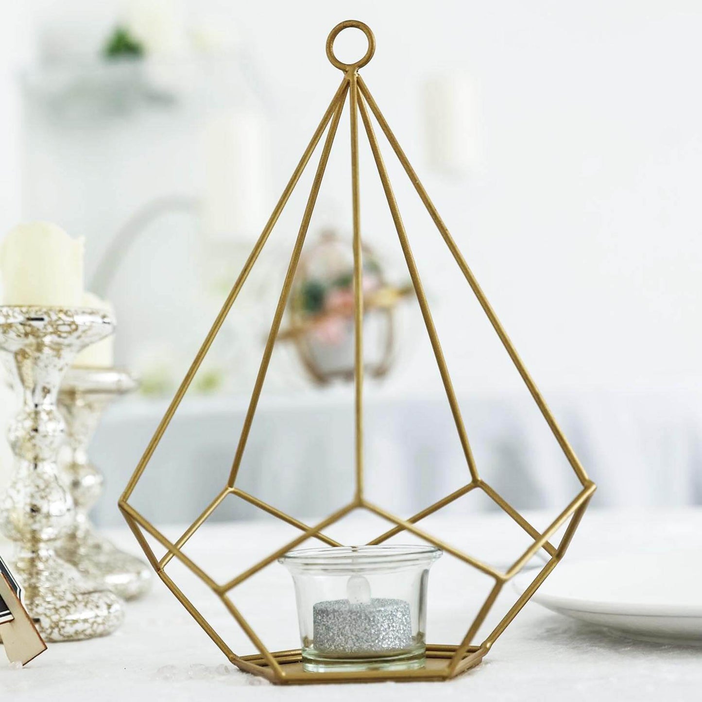 2 - Pack Tealight Candle Holders Gold Metal Pentagon Geometric Open Frame - Flower Stand 9" - Linen Luxes