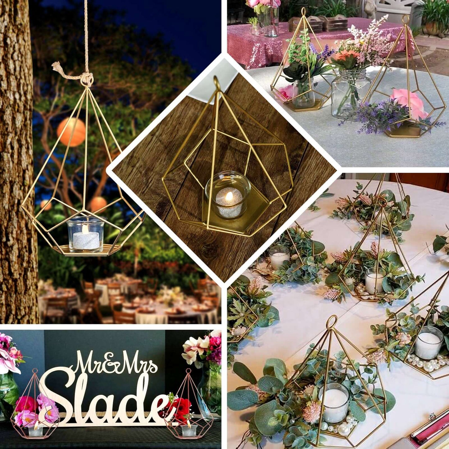 2 - Pack Tealight Candle Holders Gold Metal Pentagon Geometric Open Frame - Flower Stand 9" - Linen Luxes