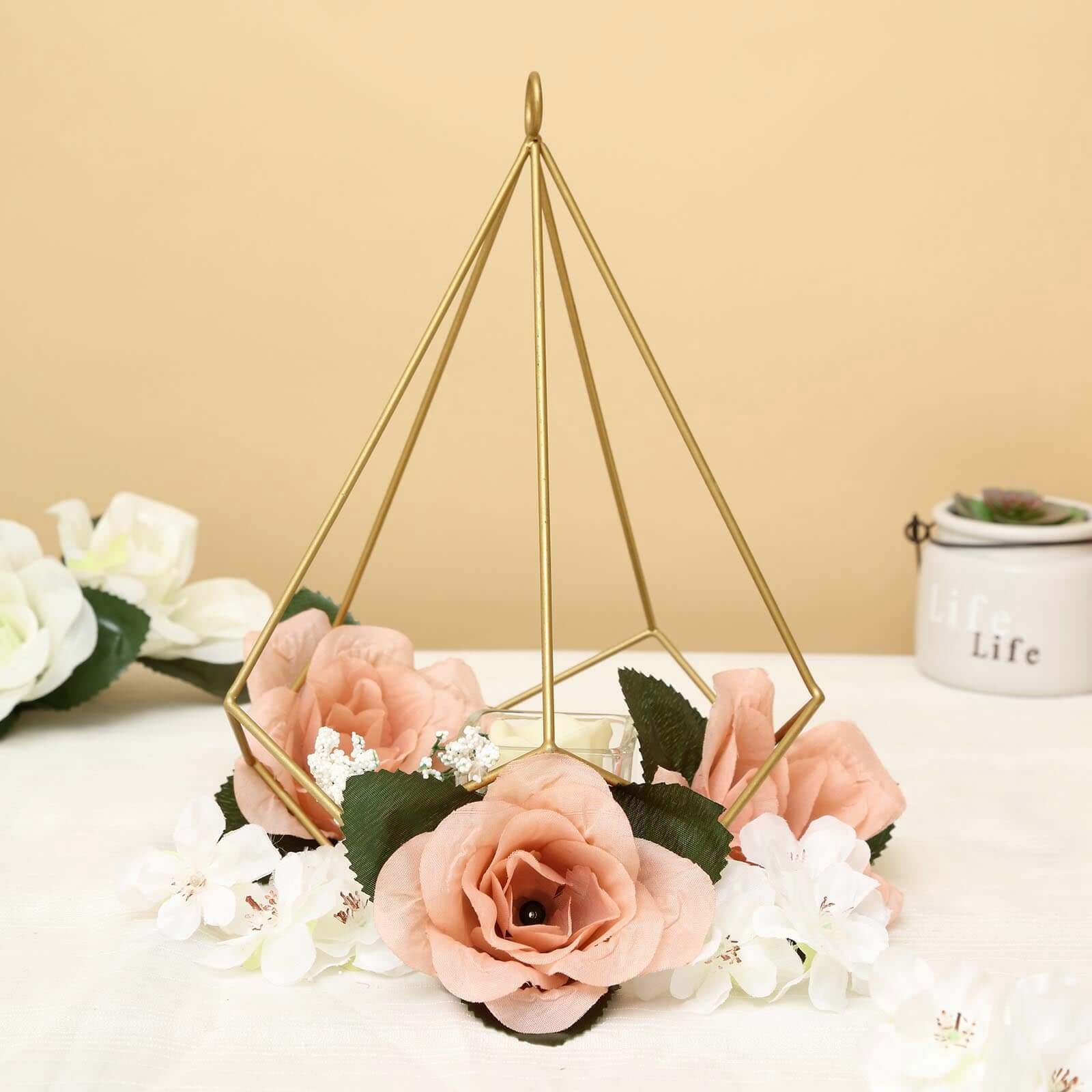 2 - Pack Tealight Candle Holders Gold Metal Pentagon Geometric Open Frame - Flower Stand 9" - Linen Luxes