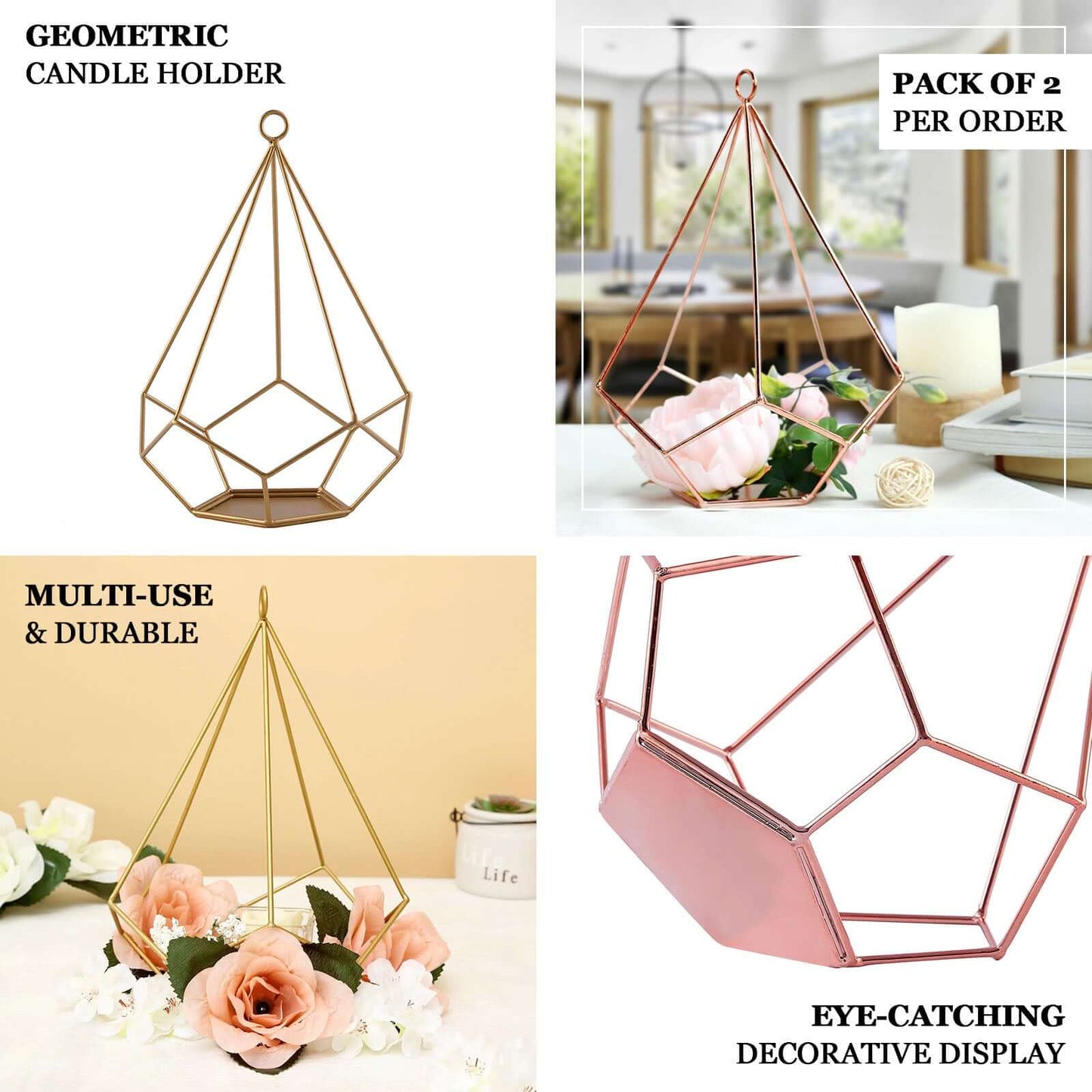 2 - Pack Tealight Candle Holders Gold Metal Pentagon Geometric Open Frame - Flower Stand 9" - Linen Luxes