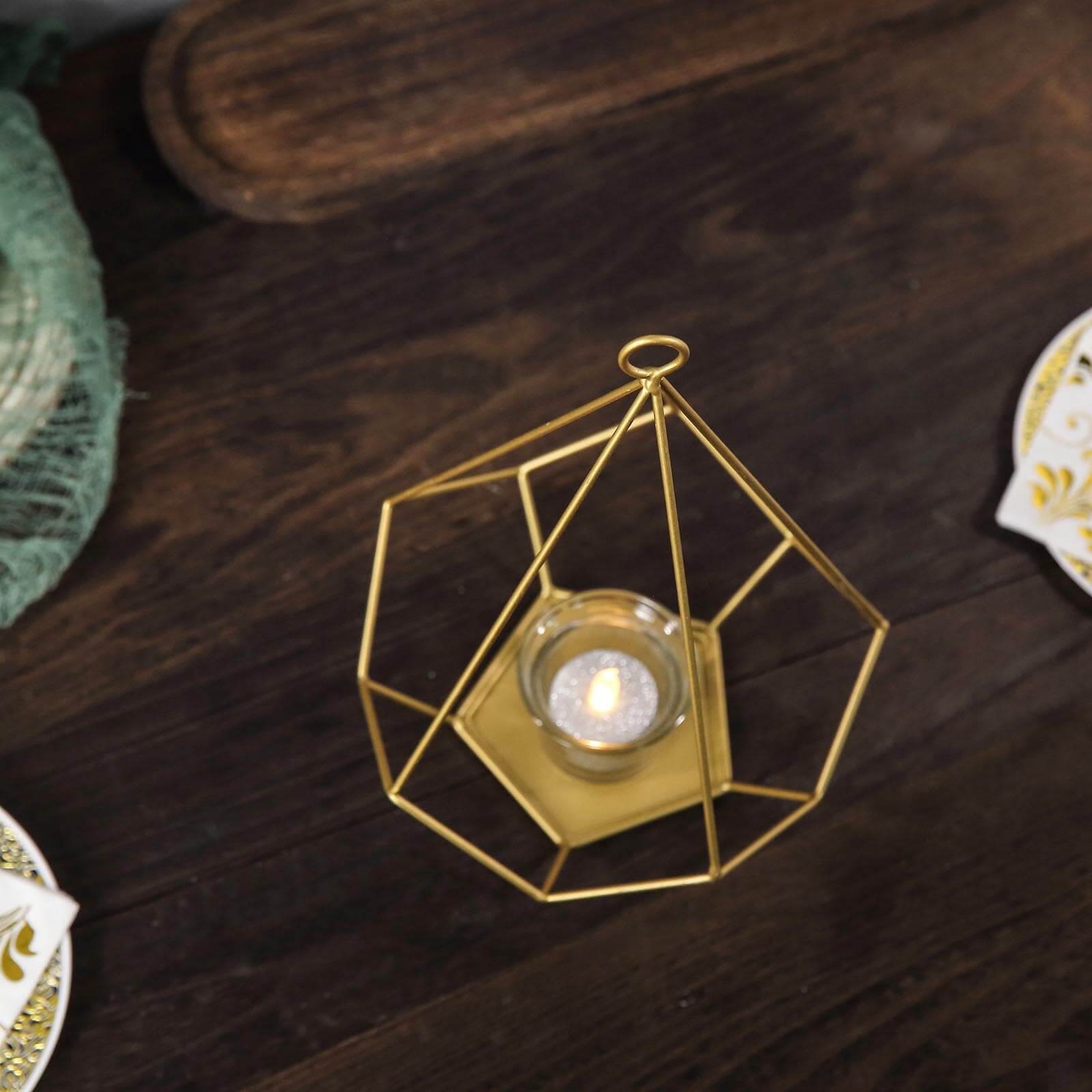 2 - Pack Tealight Candle Holders Gold Metal Pentagon Geometric Open Frame - Flower Stand 9" - Linen Luxes
