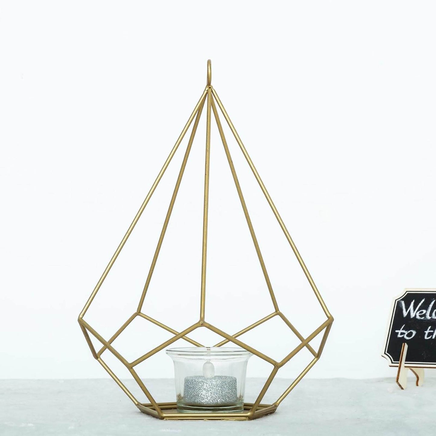 2 - Pack Tealight Candle Holders Gold Metal Pentagon Geometric Open Frame - Flower Stand 9" - Linen Luxes