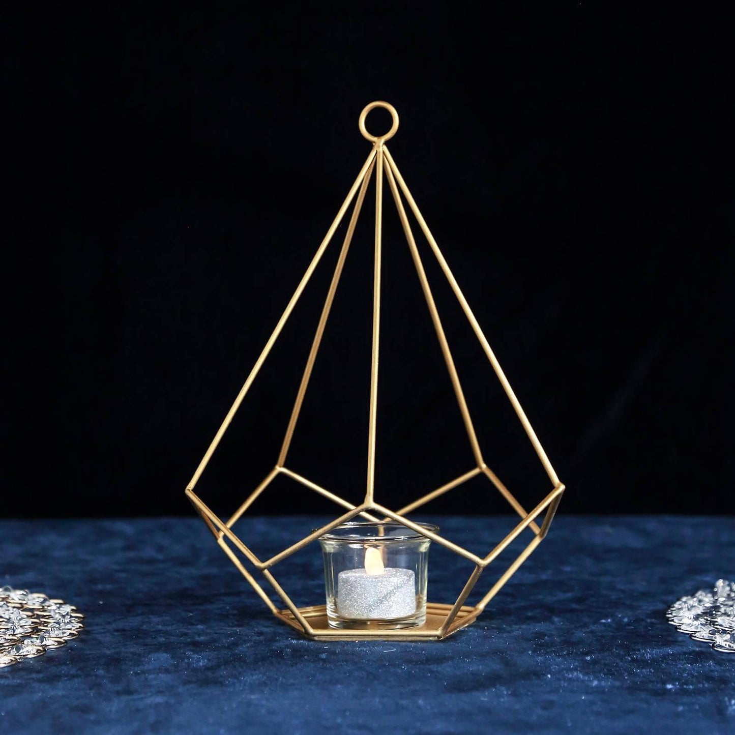 2 - Pack Tealight Candle Holders Gold Metal Pentagon Geometric Open Frame - Flower Stand 9" - Linen Luxes