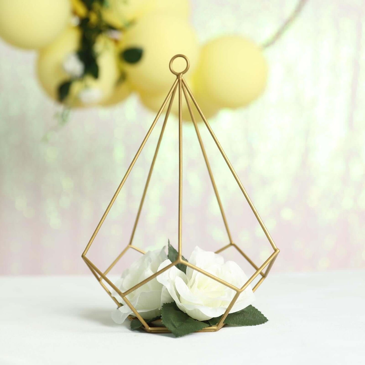 2 - Pack Tealight Candle Holders Gold Metal Pentagon Geometric Open Frame - Flower Stand 9" - Linen Luxes