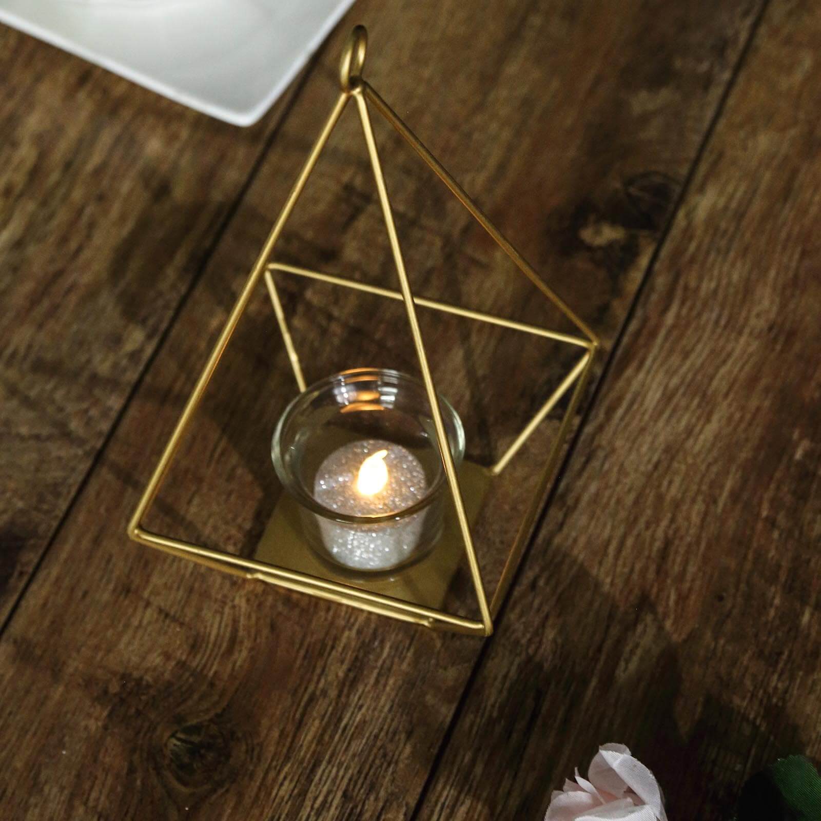 2 - Pack Tealight Candle Holders Gold Metal Pyramid Geometric Open Frame - Flower Stand 9" - Linen Luxes