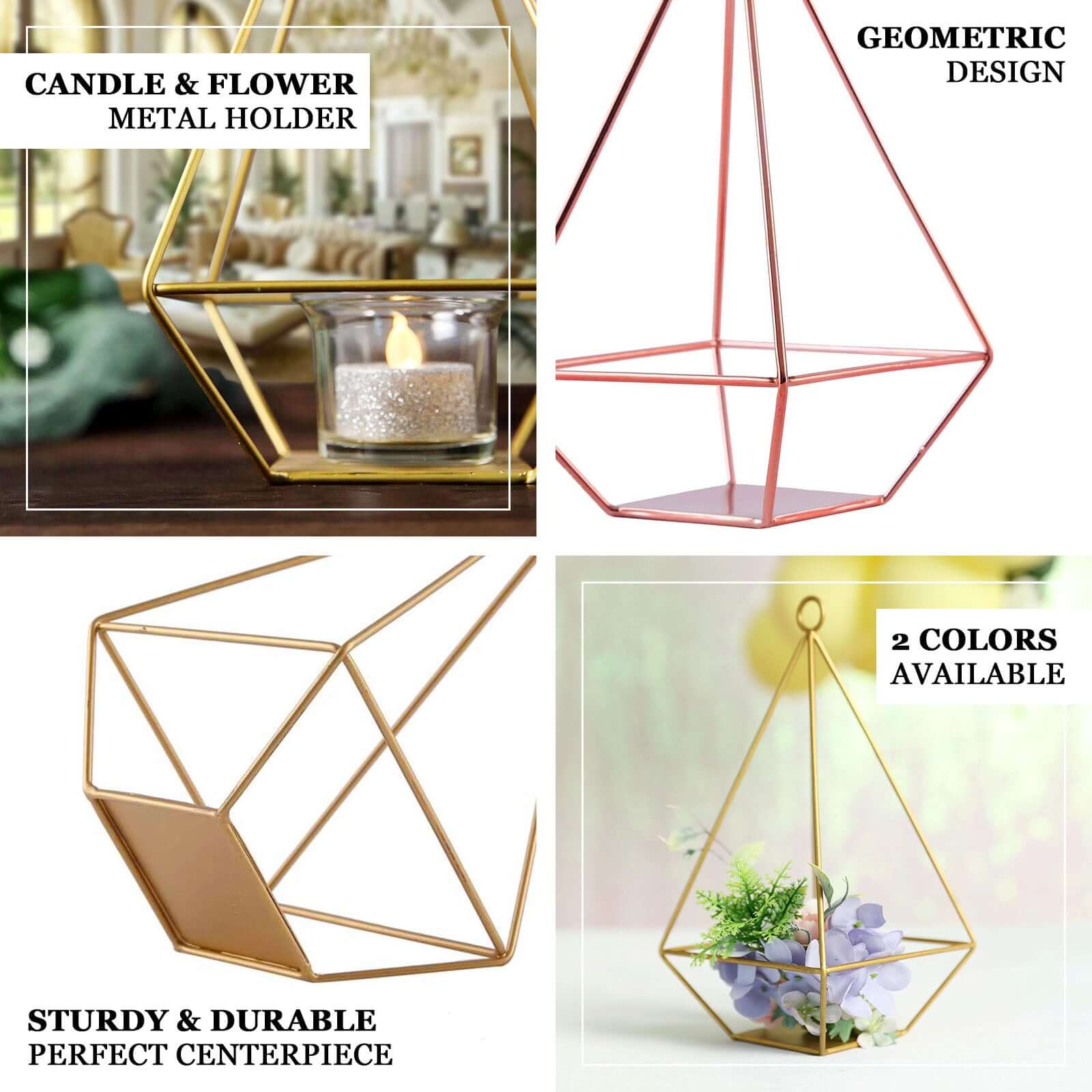 2 - Pack Tealight Candle Holders Gold Metal Pyramid Geometric Open Frame - Flower Stand 9" - Linen Luxes