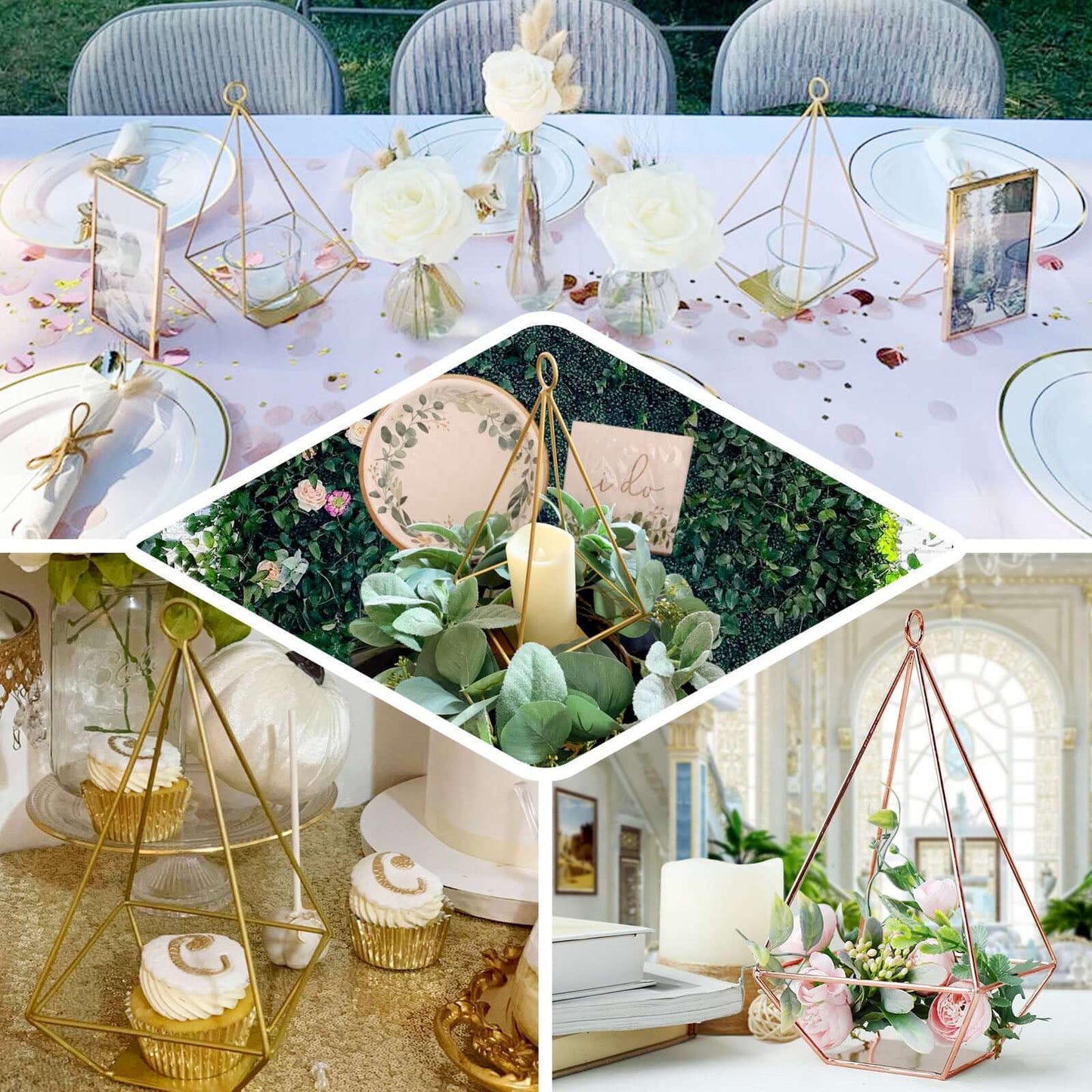 2 - Pack Tealight Candle Holders Gold Metal Pyramid Geometric Open Frame - Flower Stand 9" - Linen Luxes