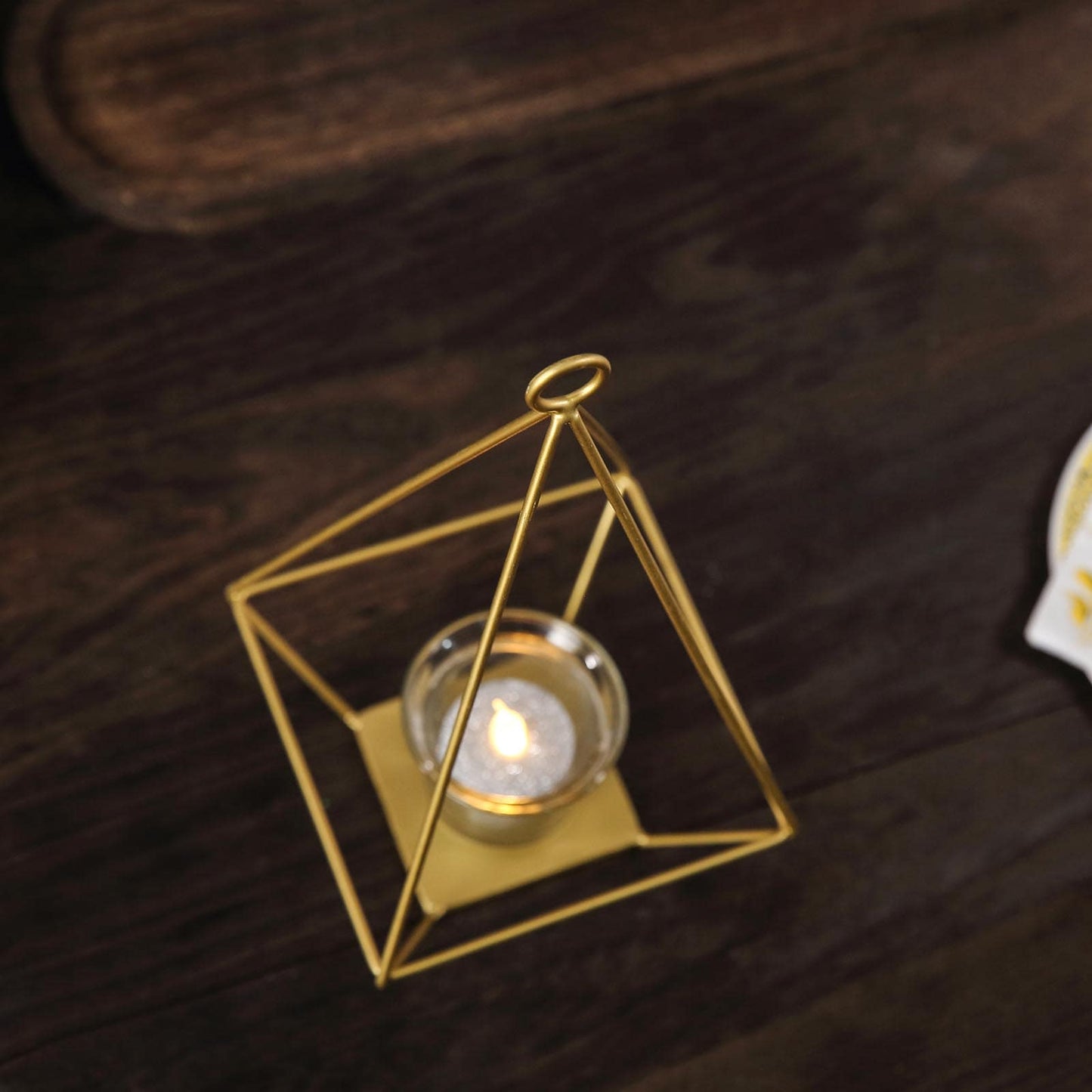2 - Pack Tealight Candle Holders Gold Metal Pyramid Geometric Open Frame - Flower Stand 9" - Linen Luxes