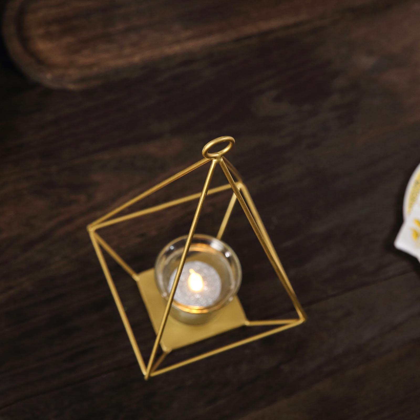 2 - Pack Tealight Candle Holders Gold Metal Pyramid Geometric Open Frame - Flower Stand 9" - Linen Luxes