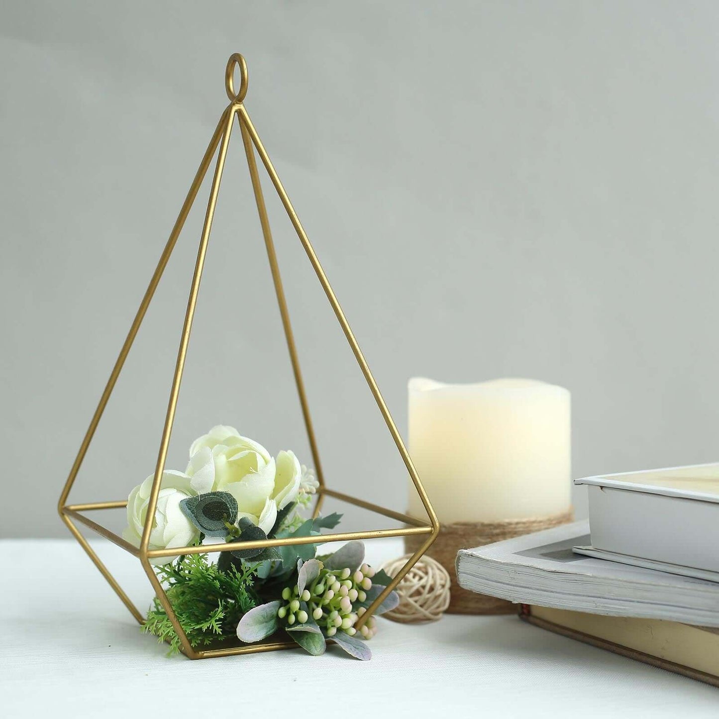 2 - Pack Tealight Candle Holders Gold Metal Pyramid Geometric Open Frame - Flower Stand 9" - Linen Luxes