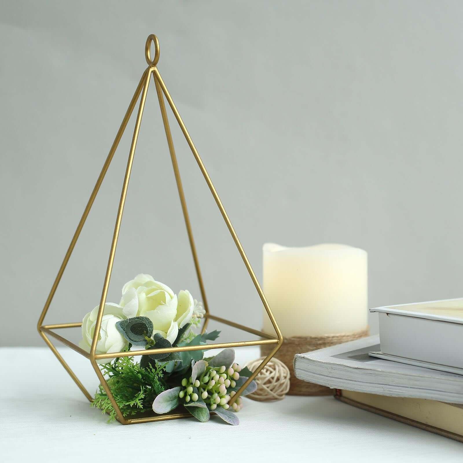 2 - Pack Tealight Candle Holders Gold Metal Pyramid Geometric Open Frame - Flower Stand 9" - Linen Luxes