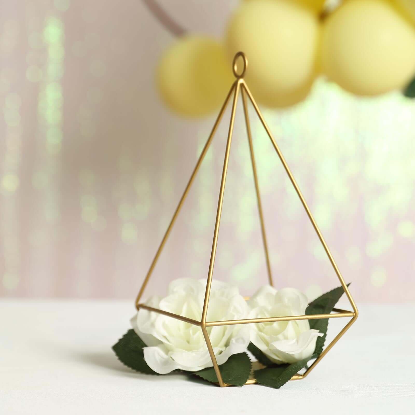 2 - Pack Tealight Candle Holders Gold Metal Pyramid Geometric Open Frame - Flower Stand 9" - Linen Luxes